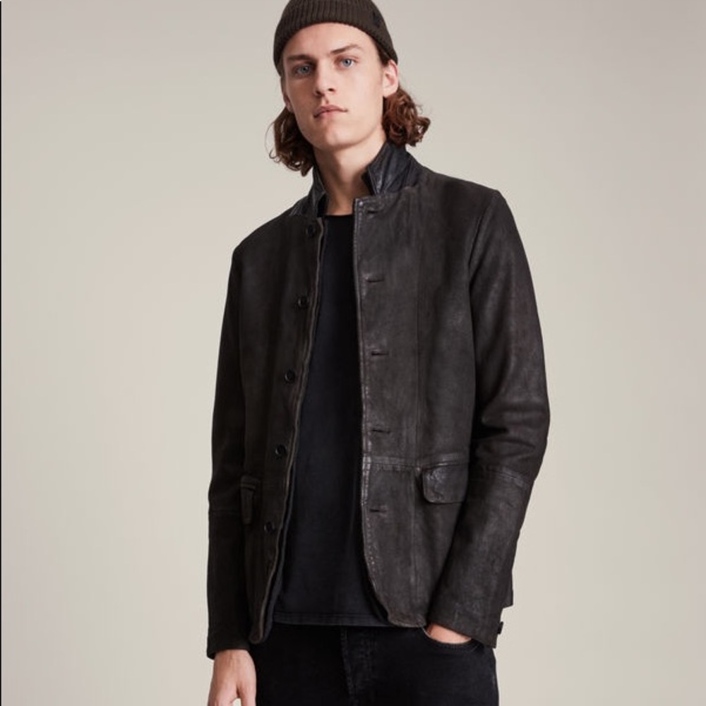 AllSaints Men's Black Leather Button Jacket